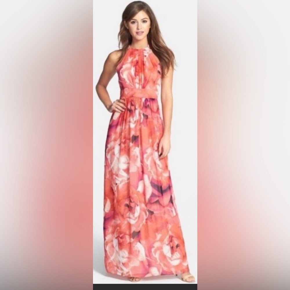 Eliza J Graphic Rose Floral Print Pleated Halter Maxi Dress